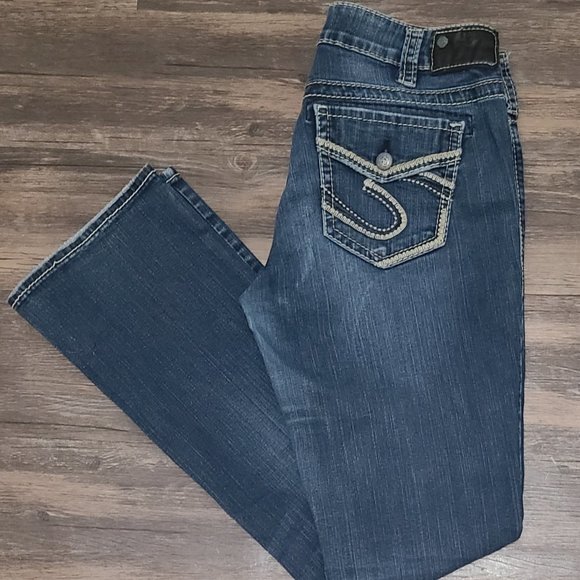 Silver Jeans Denim - Silver Jeans Suki Mid Rise Boot Cut Blue Distressed Fluid Denim Jeans PO